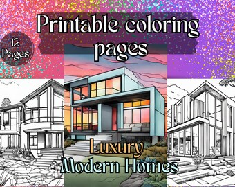 Páginas para colorear de casas modernas de lujo, Fincas exquisitas, Descarga instantánea, Páginas para colorear en escala de grises, Archivo JPG imprimible