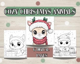 6 páginas para colorear de animales navideños adorables y acogedoras, descarga instantánea, archivo PDF, escala de grises, libro para colorear, colorear para adultos y niños