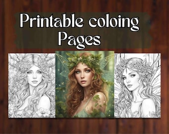 Bosques encantados: Una aventura para colorear de hadas del bosque, 20 páginas para colorear de hadas del bosque, Descarga instantánea, ARCHIVO JPG, Escala de grises oscura y clara