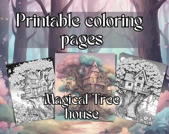 Aventuras en la casa del árbol encantada: un libro mágico para colorear, 12 páginas para colorear imprimibles, imágenes en escala de grises, Casa del árbol en flor
