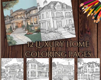 12 páginas para colorear de casas lujosas y suntuosas, propiedades exquisitas, descarga instantánea, páginas para colorear en escala de grises, archivo JPG imprimible