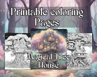 Aventuras en la casa del árbol encantada: Un libro mágico para colorear, 15 páginas para colorear imprimibles, Imágenes en escala de grises, Árbol floreciente