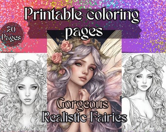 Reinos encantados: un impresionante viaje para colorear hadas. Libro para colorear de hadas realista, páginas en escala de grises, descarga instantánea, archivo JPG imprimible