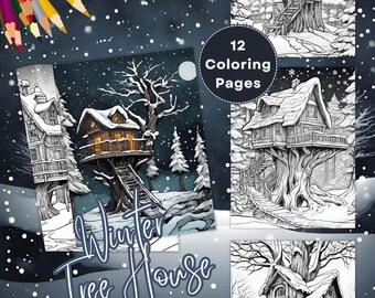 Retiro en el país de las maravillas invernal: aventuras para colorear en la casa del árbol, 12 páginas para colorear de la casa del árbol invernal, descarga instantánea, escala de grises, archivo JPG