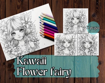 Descarga de página para colorear digital Flower Fairies, paquete Minnie, 3 páginas para colorear, Kawaii, colorear para adultos, colorear para niños, archivo PNG, escala de grises,