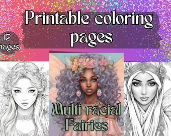 Reinos de hadas de la diversidad, Ferias multirraciales, páginas para colorear imprimibles, descarga instantánea, escala de grises clara y oscura, páginas para colorear de fantasía