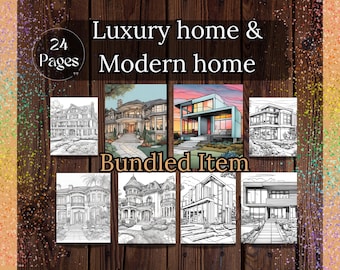 24 páginas para colorear imprimibles de casas lujosas y modernas, ARTÍCULO INCLUIDO, Descarga instantánea, Archivo PDF, páginas para colorear para adultos y niños, Escala de grises