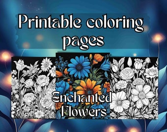 Flores caprichosas: Un viaje encantado para colorear flores, 20 páginas para colorear flores, fondo negro, archivo JPG, descarga instantánea, escala de grises