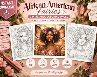 May include: A digital collection of nine printable colouring pages titled African American Fairies, featuring black-and-white line art of fairies with floral hair and wings, alongside one full-colour illustration of a fairy with butterfly wings.