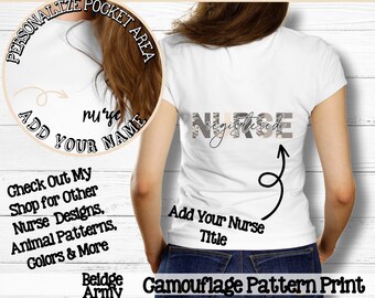Personalize Nurse T-Shirt; Beidge Army Camouflage Pattern; Registered Nurse; Unisex Heavy Cotton Tee