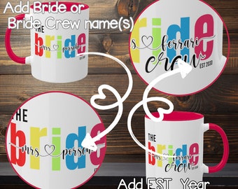 Aangepaste mokken voor bruid en bemanning; Bijpassende mokkenset; Groepscadeauset; Kleurrijke accentmokken, 11 oz