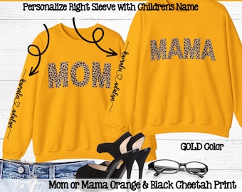 Personaliseer mama trui met kindernaam; Personaliseer mama trui met kindernaam; Mouw met Cheetah-patroon; Unisex sweatshirt met ronde hals