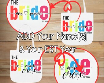 Aangepaste draagtas bruid en bemanning bijpassende canvas; Bruid cadeau; Bruidsmeisjescadeau; Vrijgezellencadeau; Cadeauset personaliseren; Witte canvas draagtassen