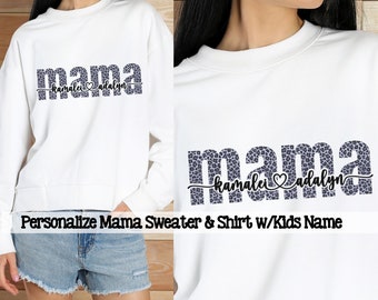 Personaliseer mama trui met kindernaam; Personaliseer moedershirt met kindernaam; Blauw Cheetah-patroon; Gildan trui of Bella canvas shirt