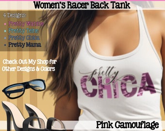 Custom Pretty Apparel Tanktop; Pink Camouflage; Mama, Wahine, Teine & Chica; Pink Army Pattern; Women's Racerback Tank