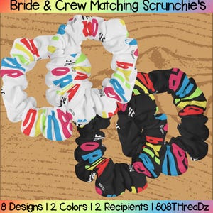 Puede incluir: Coleteros a juego en blanco y negro con texto colorido. Los coleteros tienen las palabras "Bride" y "Crew" impresas. La imagen también incluye el texto "8 Designs | 2 Colors | 2 Recipients | 808THreaDz".