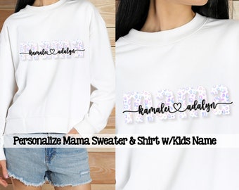 Personaliseer mama trui met kindernaam; Personaliseer moedershirt met kindernaam; Pastelkleur luipaard; Unisex sweatshirt en Bella Cavas shirt