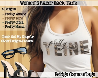 Custom Pretty Apparel Tanktop; Beidge Camouflage; Mama, Wahine, Teine and Chica; Beidge Army Pattern; Women's Racerback Tank