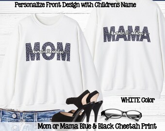 Personaliseer mama trui met kindernaam; Personaliseer mama trui met kindernamen; Blauw Cheetah-patroon; Unisex sweatshirt met ronde hals