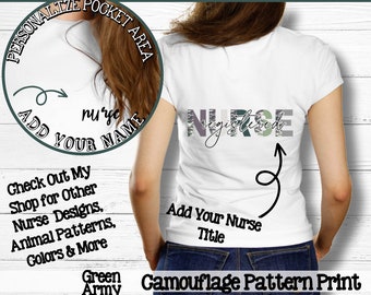 Personalized Nurse T-Shirt; Arm Green Camouflage Pattern; Registered Nurse; Unisex Heavy Cotton Tee
