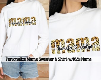 Personaliseer mama trui met kindernaam; Personaliseer moedershirt met kindernamen; Mix luipaardpatroon; Unisex sweatshirt en Bella-canvas