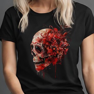 Puede incluir: Camiseta negra con un diseño de calavera roja y flores. La calavera está rodeada de flores rojas y tiene un efecto de goteo.