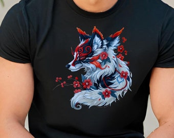 May include: Black t-shirt with a graphic print of a red and white fox with blue and black accents. The fox is surrounded by red and white flowers.