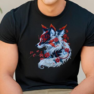 May include: Black t-shirt with a graphic print of a red and white fox with blue and black accents. The fox is surrounded by red and white flowers.