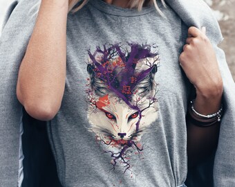 Japanese Temple Kitsune T-Shirt | Fox Spirit Tee with Enchanted Landscape | Mythical Graphic Top