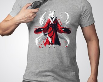 Red Robed Kitsune Nine Tails Tee | Japanese Fox Spirit Shirt | Mythical Creature Tunic | Unique Anime Graphic Top