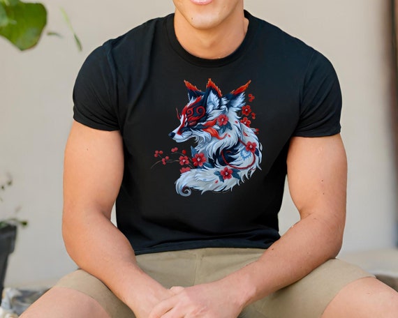 Kitsune Japanese Fox Shirt, Nine-Tailed Fox Shirt, Sakura Tree Shirt, Japanese Clothing, Japanese Fox Clothing