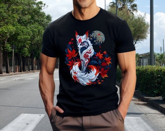 Kitsune Kawaii Japanese Anime Wolf Shirt |Aesthetic Sakura Tee | Traditional Kitsune Fox Girl Art | Anime Inspired Graphic Shirt