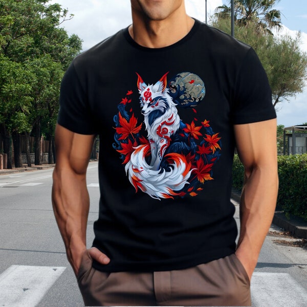 Kitsune Kawaii Japanese Anime Wolf Shirt |Aesthetic Sakura Tee | Traditional Kitsune Fox Girl Art | Anime Inspired Graphic Shirt