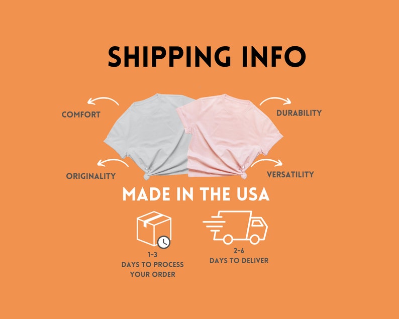 May include: Illustration of two t-shirts, one light gray and one light pink, with arrows pointing to the words "Comfort", "Durability", "Originality", and "Versatility". The text "Made in the USA" is below the t-shirts. Below that are two icons, one of a box with a clock and the text "1-3 Days to Process Your Order", and the other of a truck with the text "2-6 Days to Deliver".
