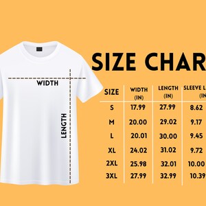 May include: Size chart for a white t-shirt with measurements in inches for width, length, and sleeve length. Sizes include S, M, L, XL, 2XL, and 3XL.