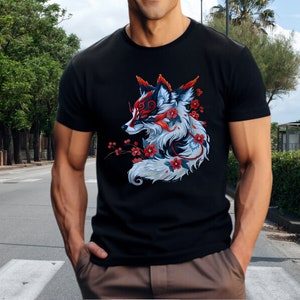 May include: Black t-shirt with a graphic print of a red and white fox with floral details.