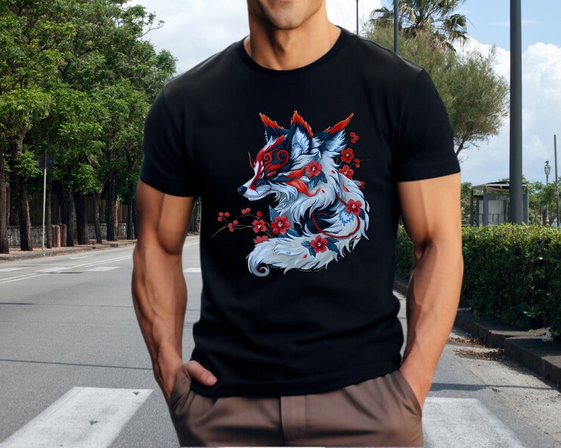 May include: Black t-shirt with a graphic print of a red and white fox with floral details.