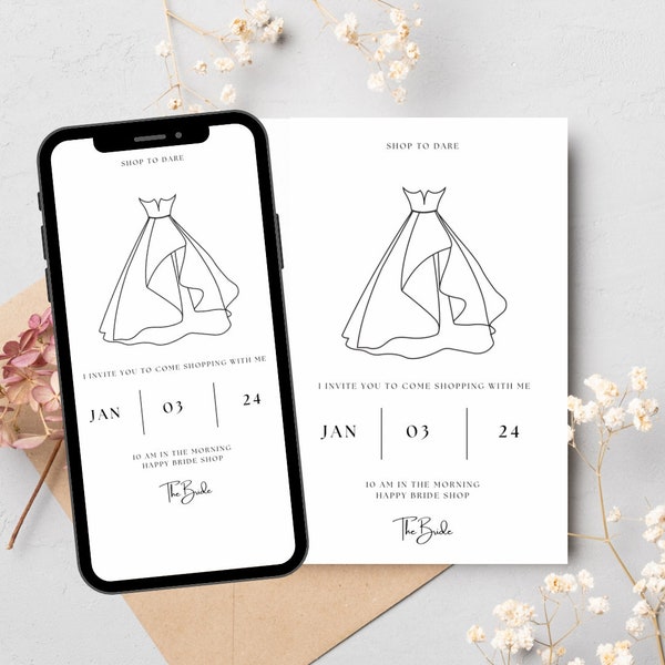 Wedding Dress Shopping Invitation Editable Canva template: Help me say yes to the dress