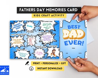 Könnte beinhalten: Eine druckbare Bastelvorlage für eine Vatertagskarte für Kinder. Die Karte hat ein blaues und gelbes Comic-Design mit den Worten "Bester Papa der Welt!" und Platz für den Namen, das Alter und das Datum des Kindes. Die Karte enthält auch einen Bereich, in dem das Kind über seine Lieblingsaktivitäten mit seinem Vater, seine schönsten Erinnerungen mit seinem Vater und was es an seinem Vater liebt, schreiben kann.