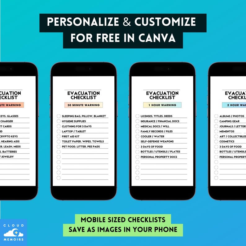 Editable Evacuation Checklist Templates, Personalized Canva, Los Angeles Palisades Eaton Kenenth Fire Evacuation Checklists, For Mobile and Print Digital Download