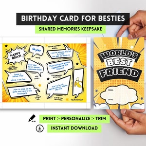Worlds Best Friend Birthday Day Card, Printable Card from Bestie, Comic Book Greeting Card, Birthday Activity Craft, Personalized Bday Card