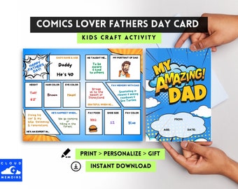 Könnte beinhalten: Eine druckbare Bastelvorlage für eine Vatertagskarte für Kinder. Die Karte hat ein Comic-Thema mit einem Ausfüllbereich, in dem Kinder über ihren Vater schreiben können. Die Karte lautet "Mein fantastischer Papa!" in fetten, gelben Buchstaben.