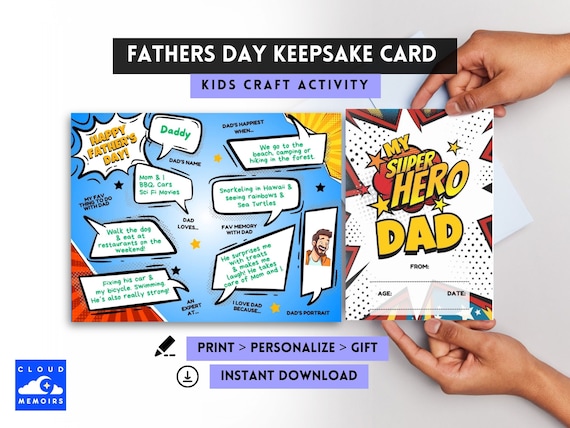 My Super Hero Dad Fathers Day Card, Printable Card from Daughter, Cartoon Comic Book Greeting Card, Father's Day Art Craft, Gift for Dad