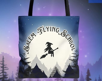 Salem Flying School Witch Tote Bag, Halloween Tote Bag, Trick or Treat Bag, Candy Bag, Full Moon Shopping Tote, Witchy Gym Bag, Witch Bag