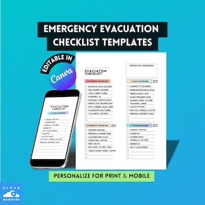 Edytowalne szablony listy kontrolnej ewakuacji, 11 spersonalizowanych list kontrolnych Canva Fire Flood Earthquake Emergency, mobilne pobieranie cyfrowe do druku