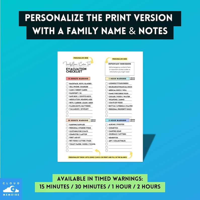 Editable Evacuation Checklist Templates, Personalized Canva, Los Angeles Palisades Eaton Kenenth Fire Evacuation Checklists, For Mobile and Print Digital Download