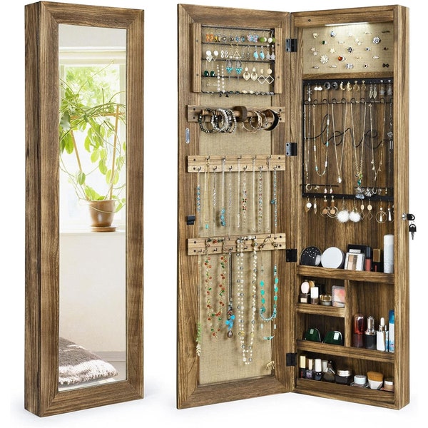 Jewelry Armoire Cabinet, Solid Wood Jewelry Organizer with Full Length Mirror Wall/Door Mounted(Carbonized Black)