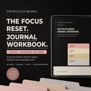 May include: A digital tablet displays The Focus Reset Journal Workbook with sections for prepare, design, reset, and sustain. The screen shows text including 24 hours, 48 hours, 7 days, and 30-day maintenance. Below the tablet are three colored file folders.