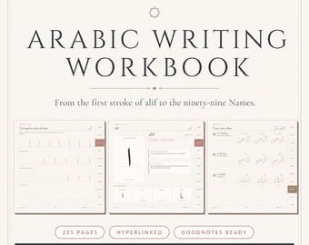 Arabic Alphabet Workbook, 225-Page Handwriting PDF for GoodNotes, 99 Names of Allah PNG Bundle