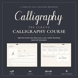 Puede incluir: Un libro de ejercicios gris oscuro titulado Calligraphy: The Cursive Calligraphy Course. Muestra dos páginas abiertas con ejercicios de la letra i y una guía de bocetos. El texto indica 148 páginas, 10 niveles, 26+26 letras y 8 trazos básicos.